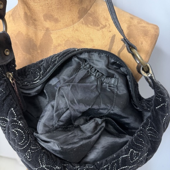 Y2K Black Velvet Embroidered Floral Hobo Shoulder Bag Indie Boho - Picture 7 of 9